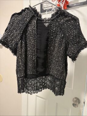 Zara Black Tweed Short-Sleeve Jacket with Lace Hem